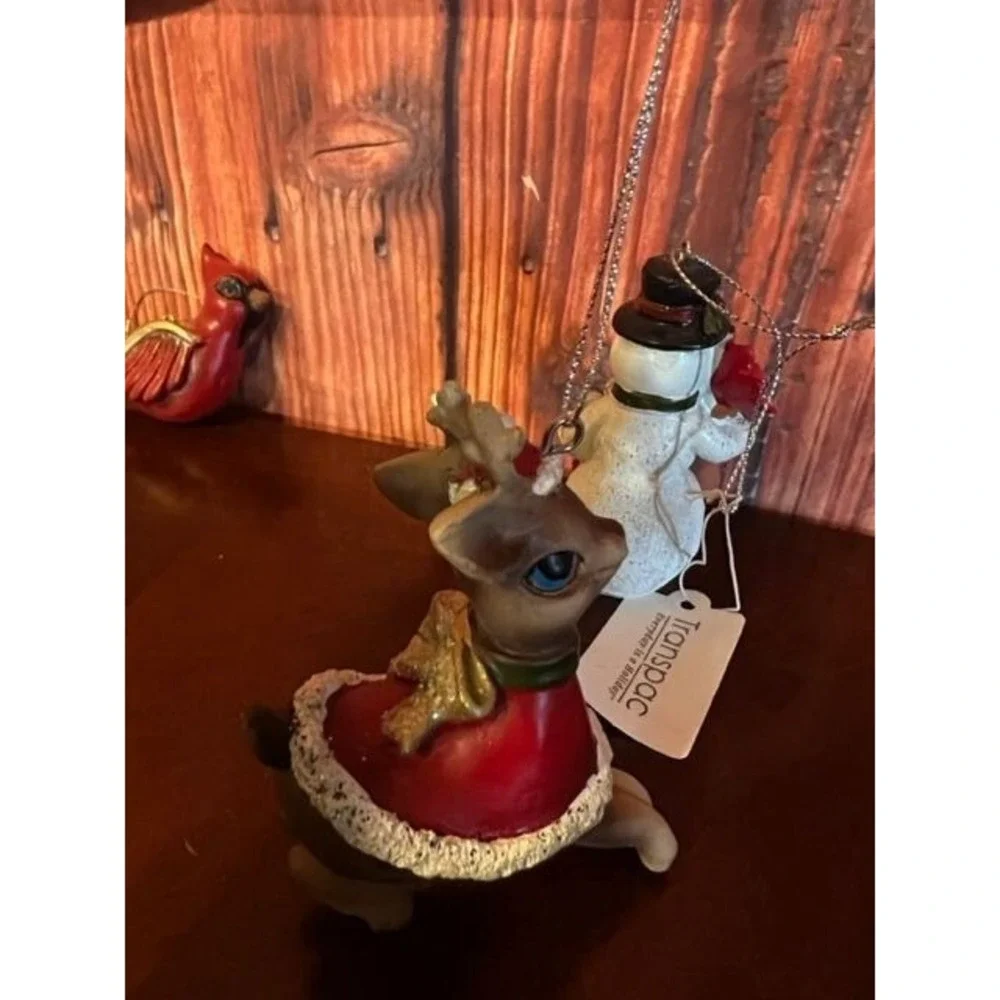 Set Of 3 Transpac Holiday Ornaments:‎ Reindeer Snowman & Cardinal